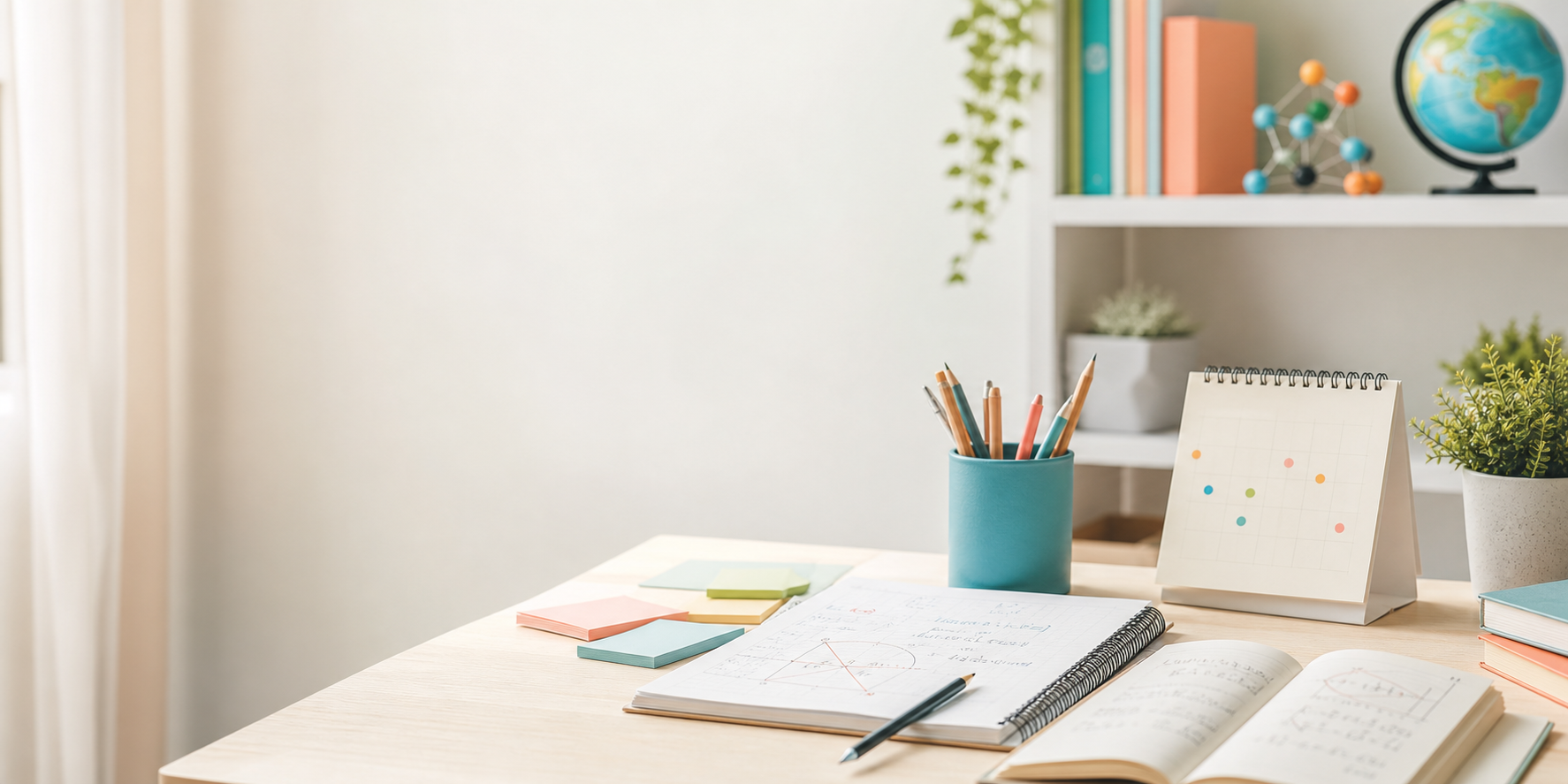 A bright study desk with notebooks, pencils, and learning materials